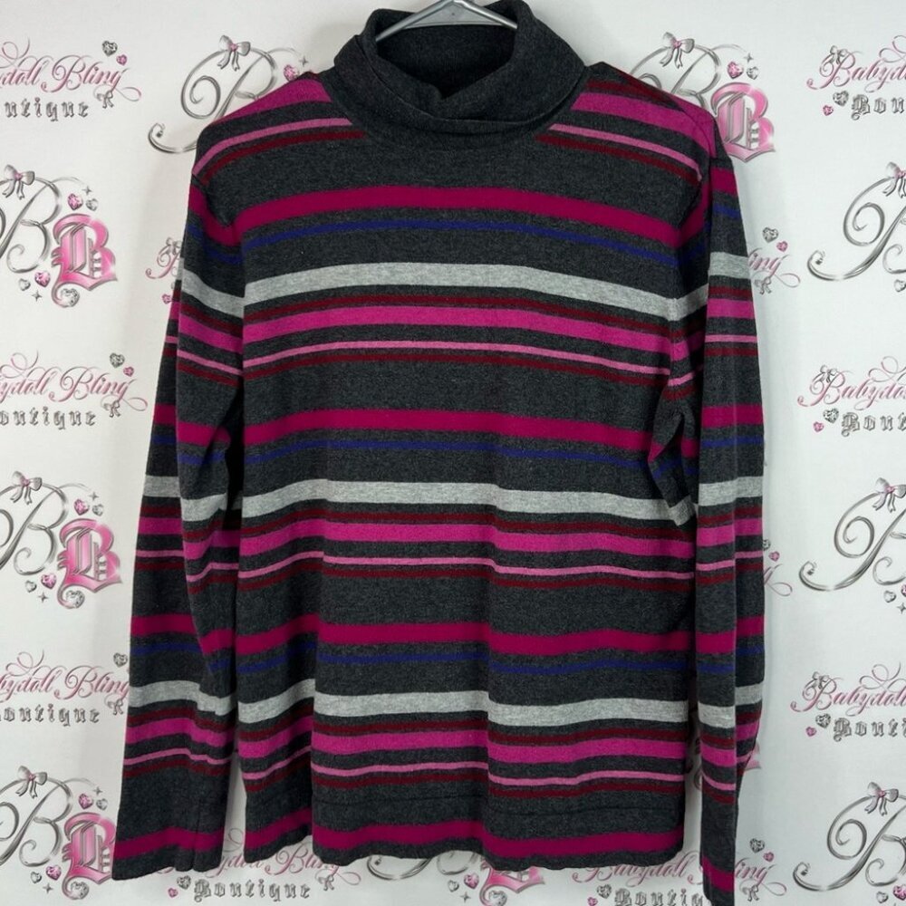 Eddie Bauer turtleneck long sleeve grey blue and Pink Striped Sweater